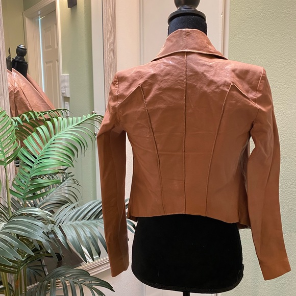 LIKE NEW BCBG MAXAZARIA leather drape jacket. Deep blush. XXS. - Picture 2 of 4